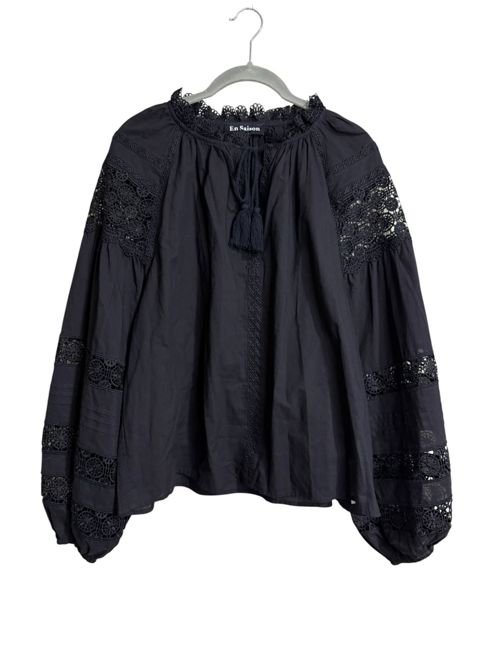 En Saison Black Lace Inset Peasant Blouse Balloon Sleeve - Picture 2 of 8